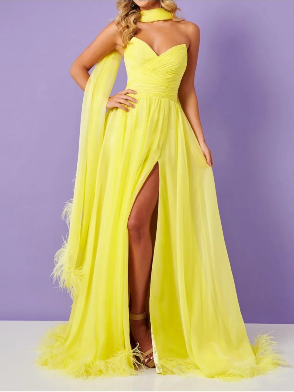Rachel Allan Strapless Lemon Yellow Gown with Thigh Slit